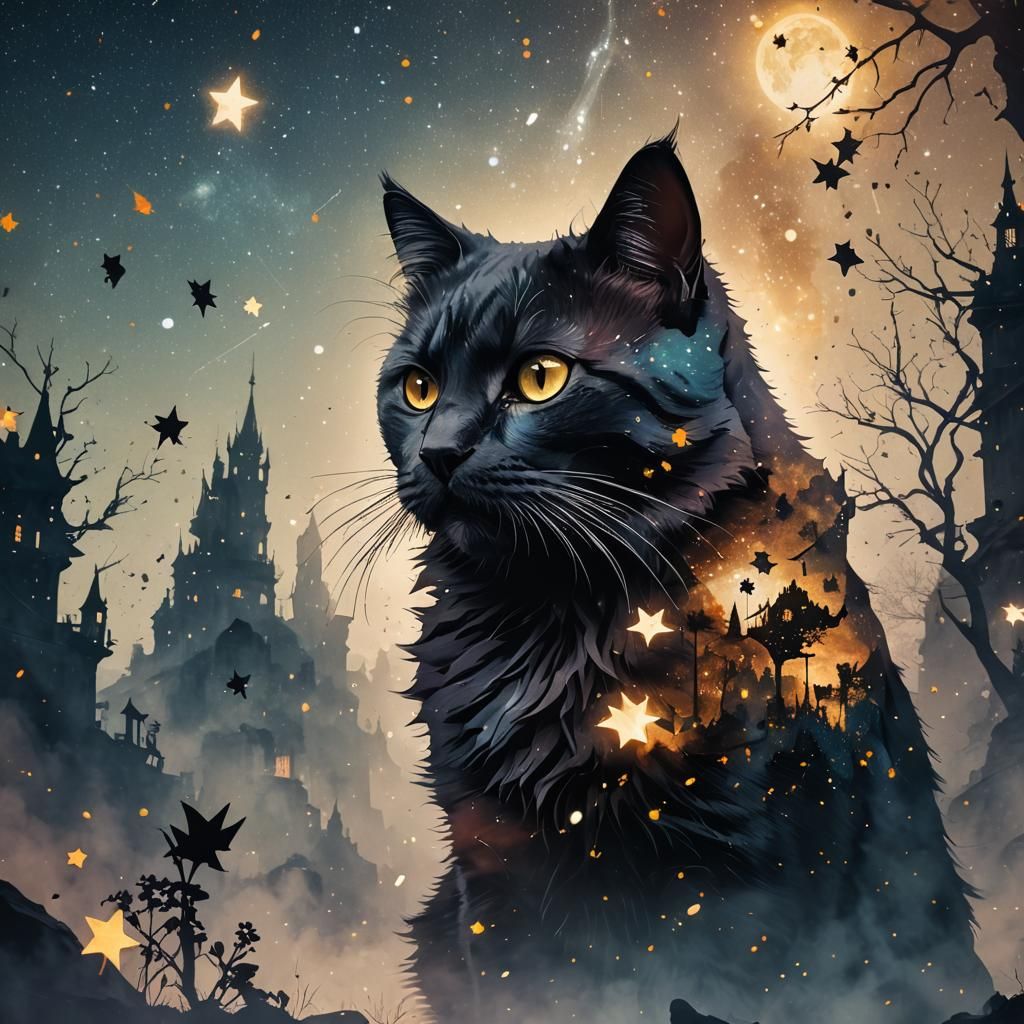 Double Exposure Cat Silhouette with Stars