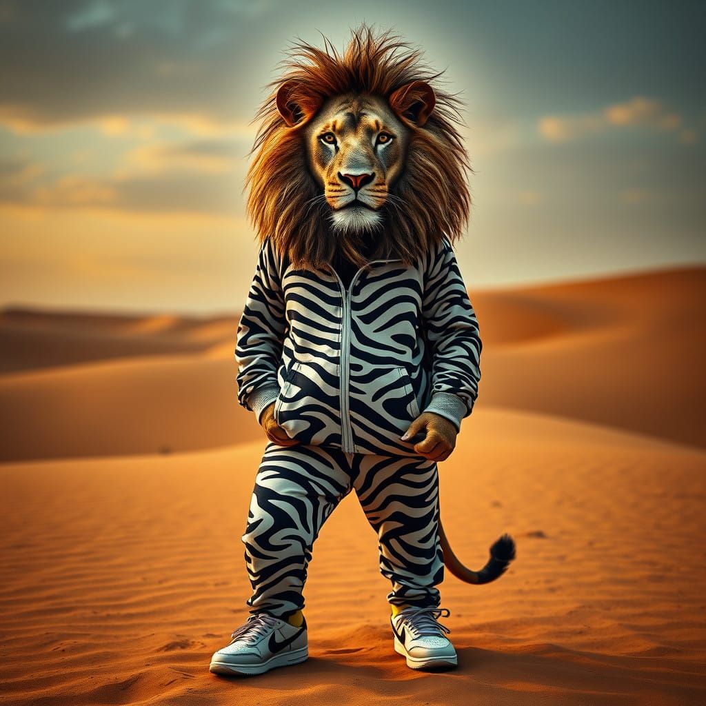 Anthropomorphic Lion in Moody Desert Landscape