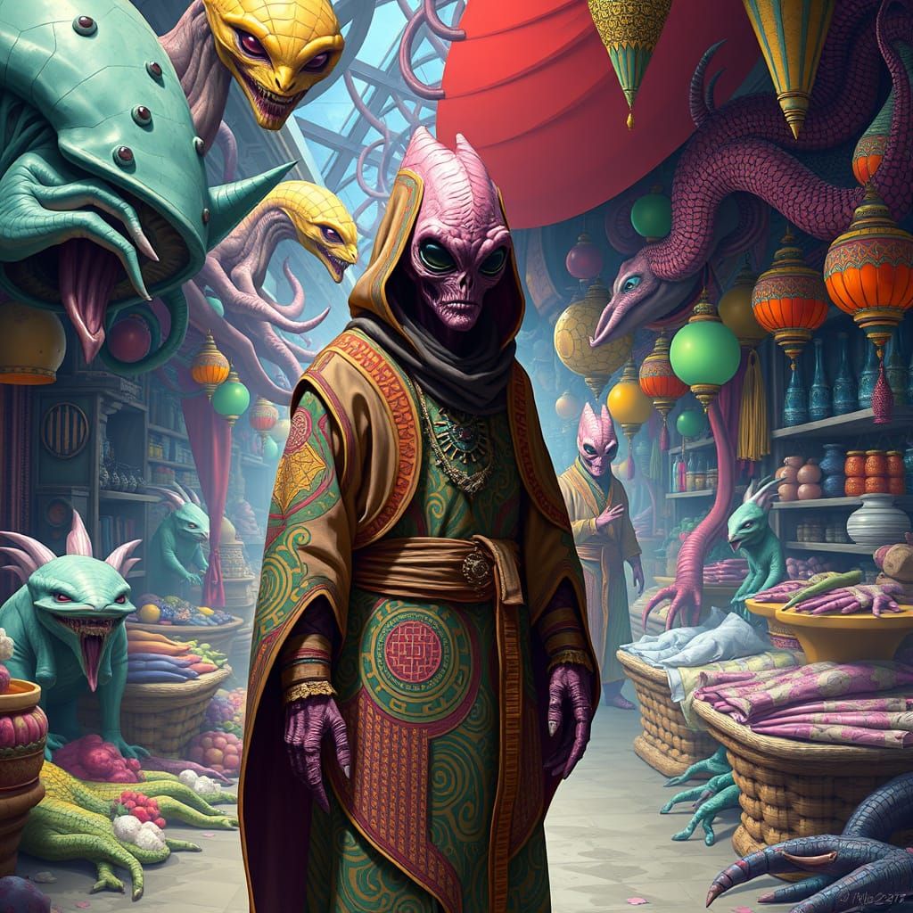 Alien Market Scene in Retro-Futuristic Style