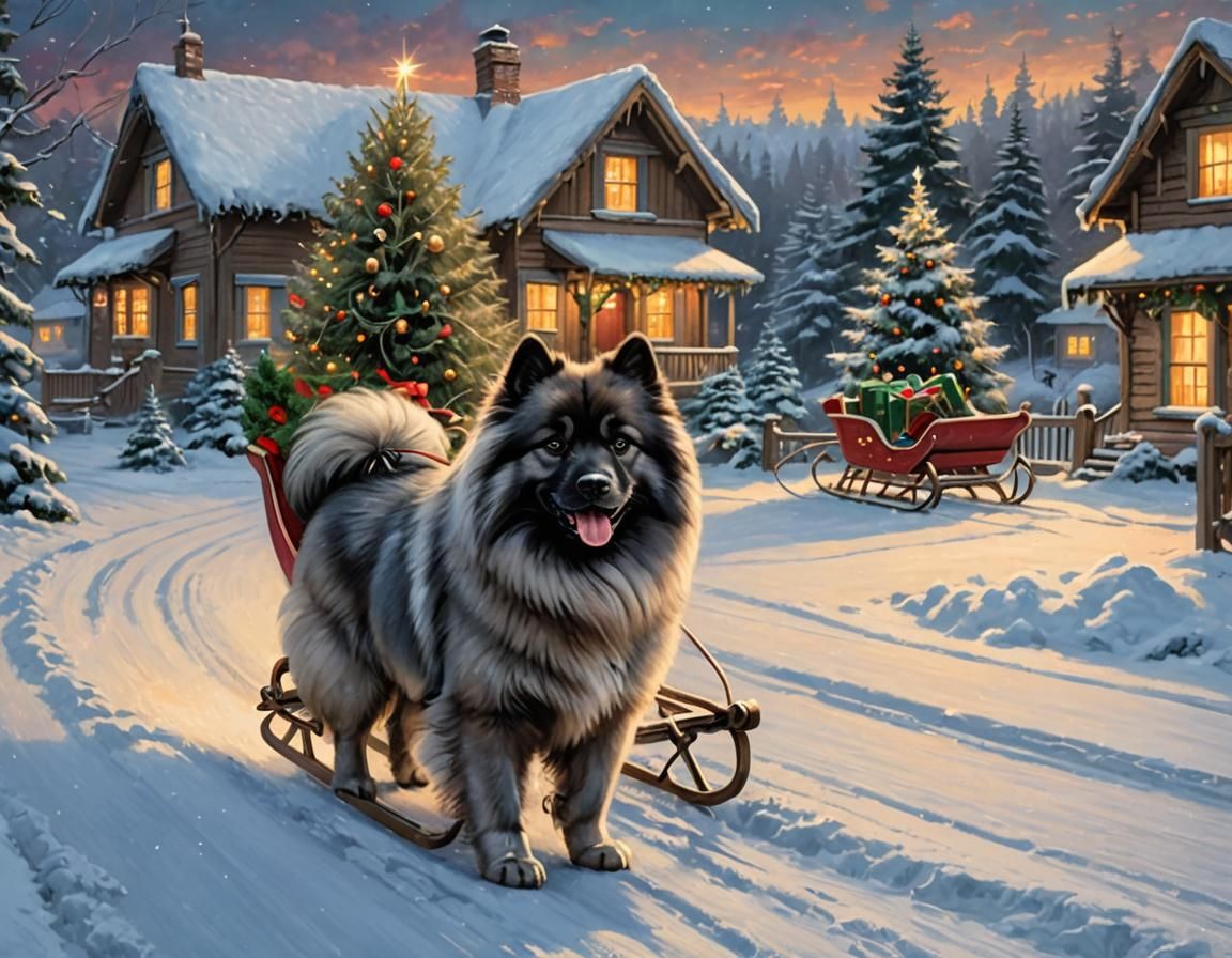 Keeshond Pulling Christmas Tree Sleigh: Kinkade Style
