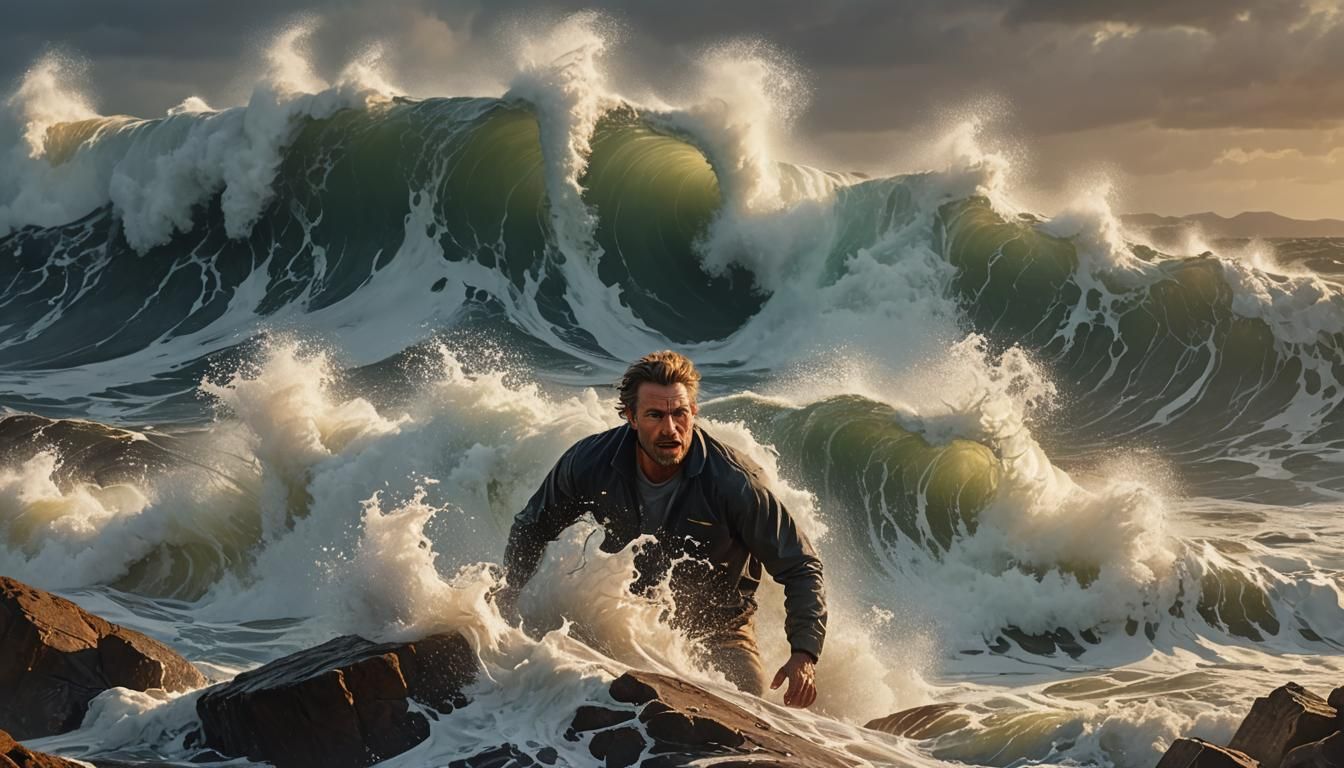 Unyielding Man Against Crashing Wave: Digital Art