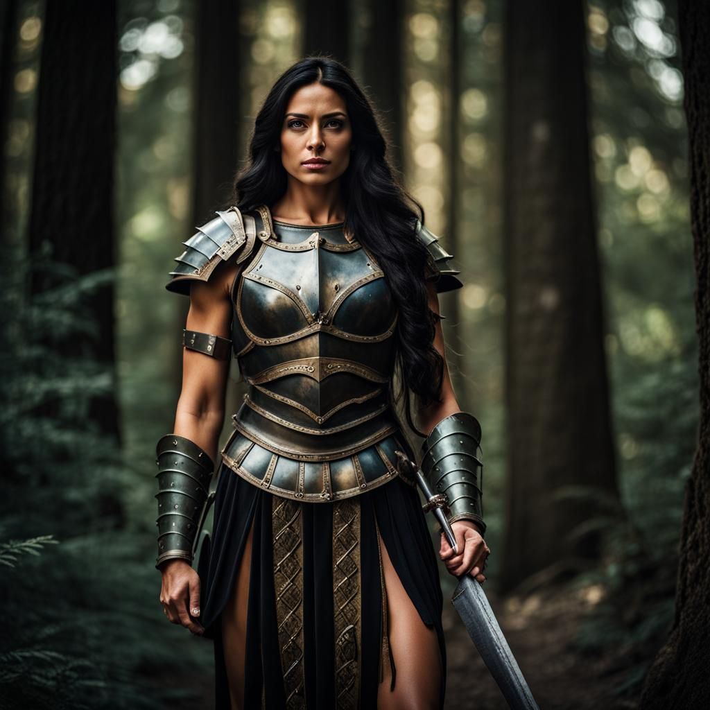 Muscular Woman in Roman Armor on Forest Path