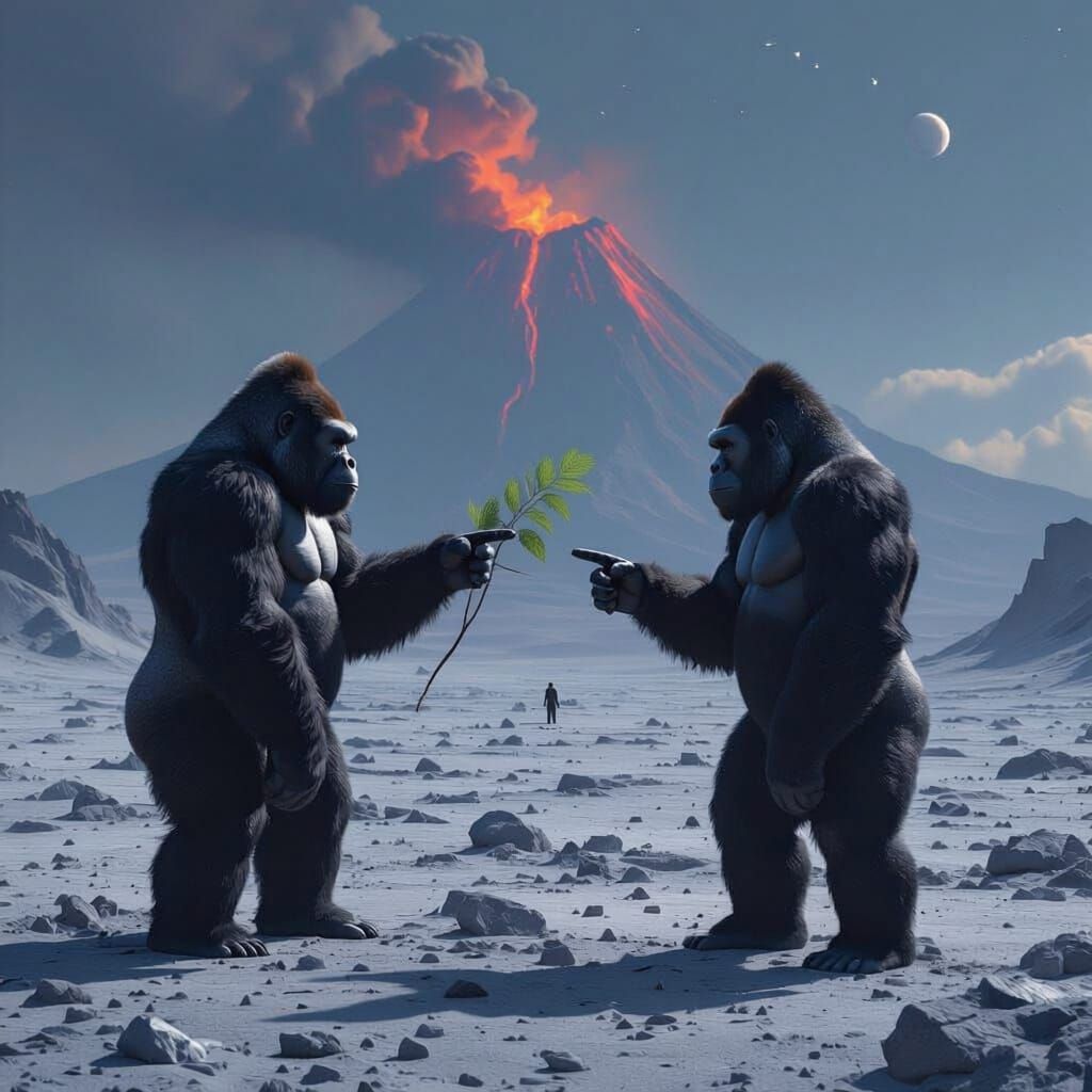 Gorillas Explore Alien Planet with Distant Volcano