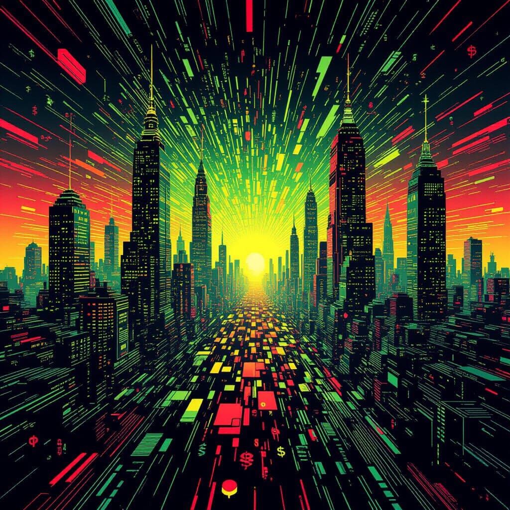 Futuristic City ASCII Art in Glitch Aesthetic Style