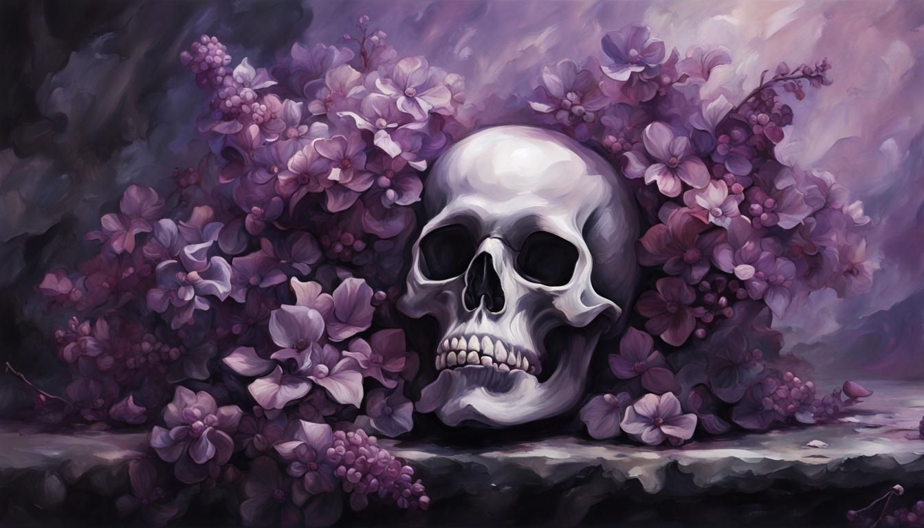 Gothic Flower Arrangement with Skull in Still Life Painting