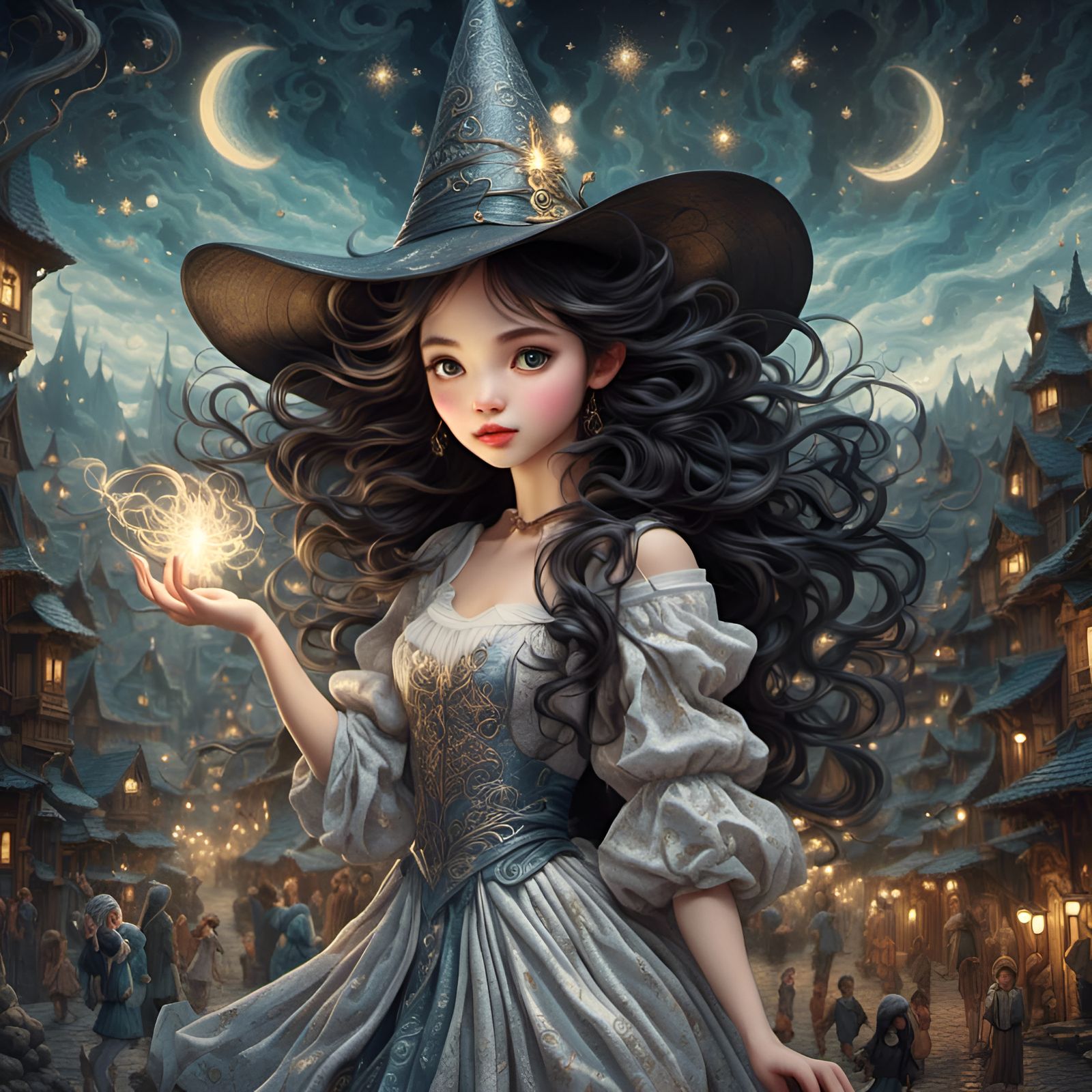 Enchanting Young Witch Dancing in Village Square