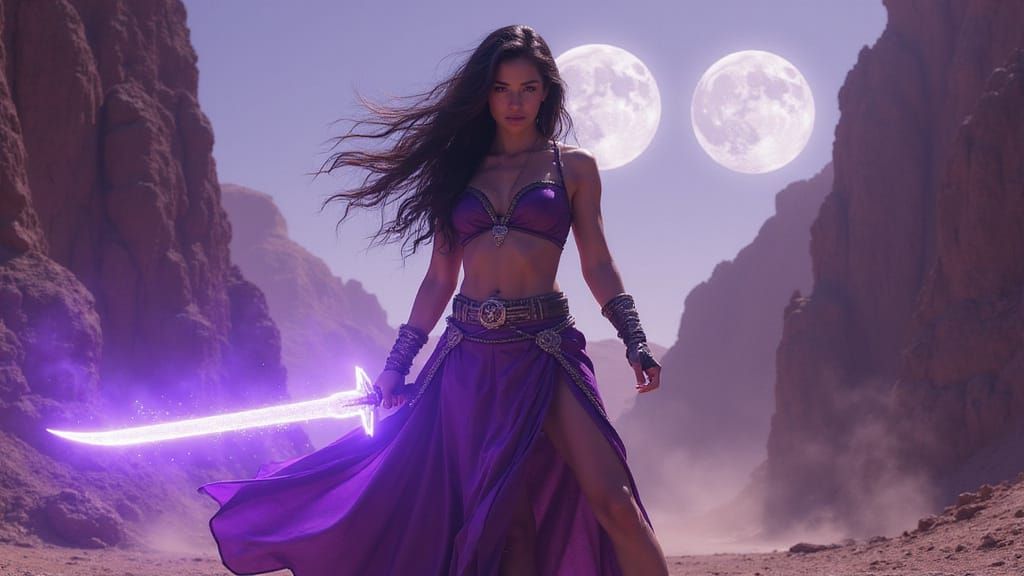 Ethereal Warrior Woman with Violet Energy Blade in Desert Ca...