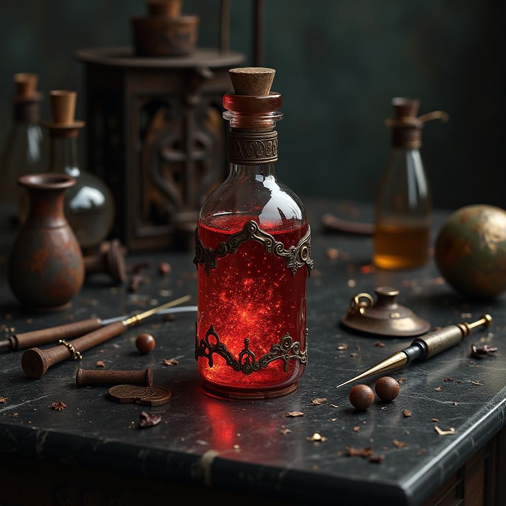 Ornate Vial with Crimson Sparks on Marble Table