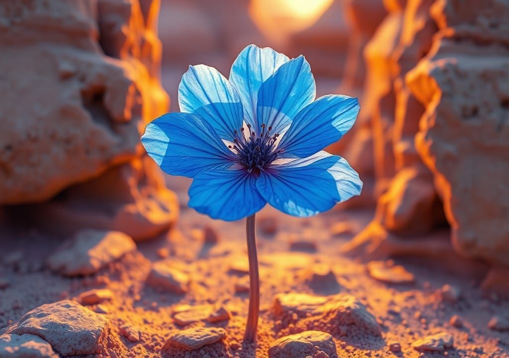 Ethereal Blue Flower in Desert Landscape