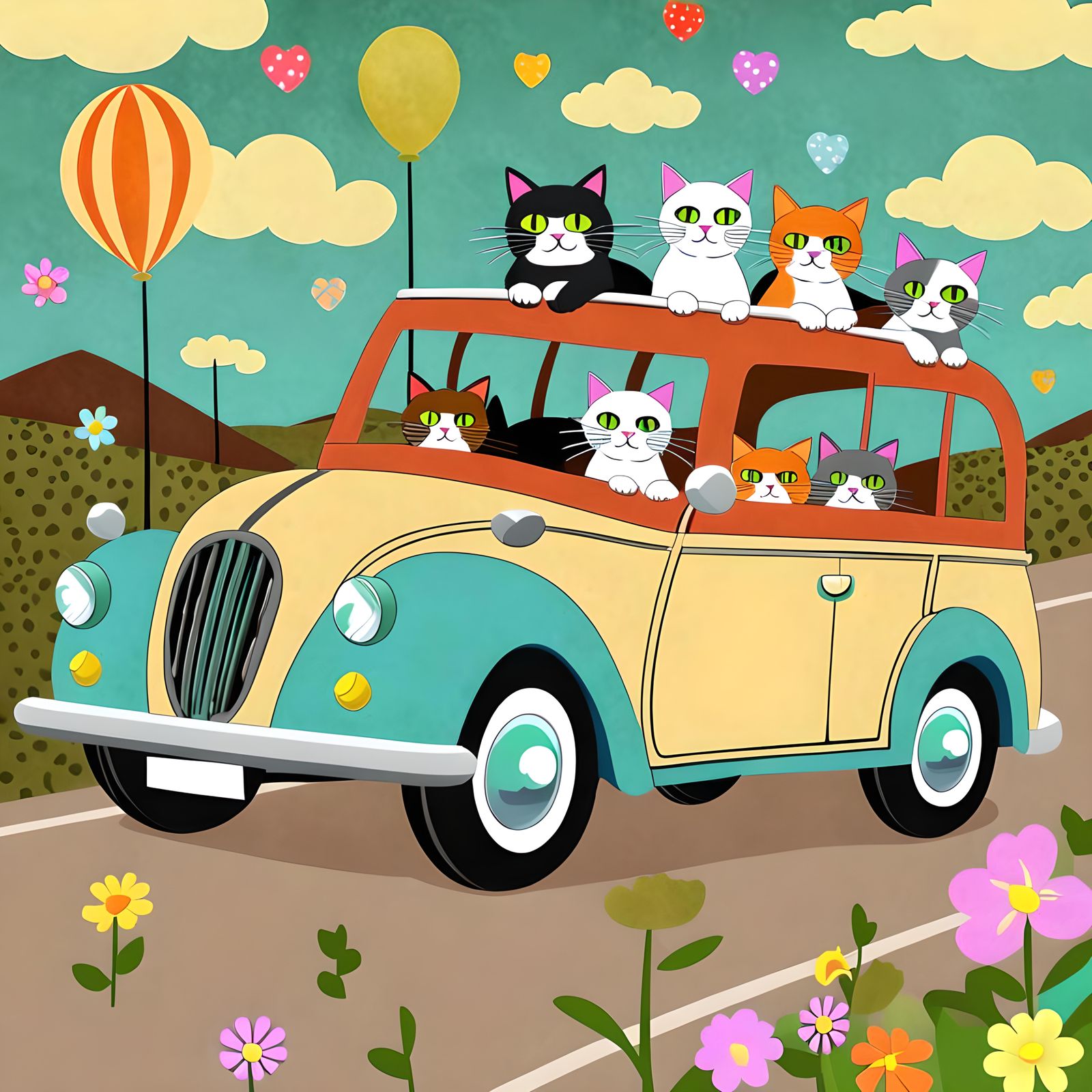 Whimsical Cats on a Road Trip: Digital Art
