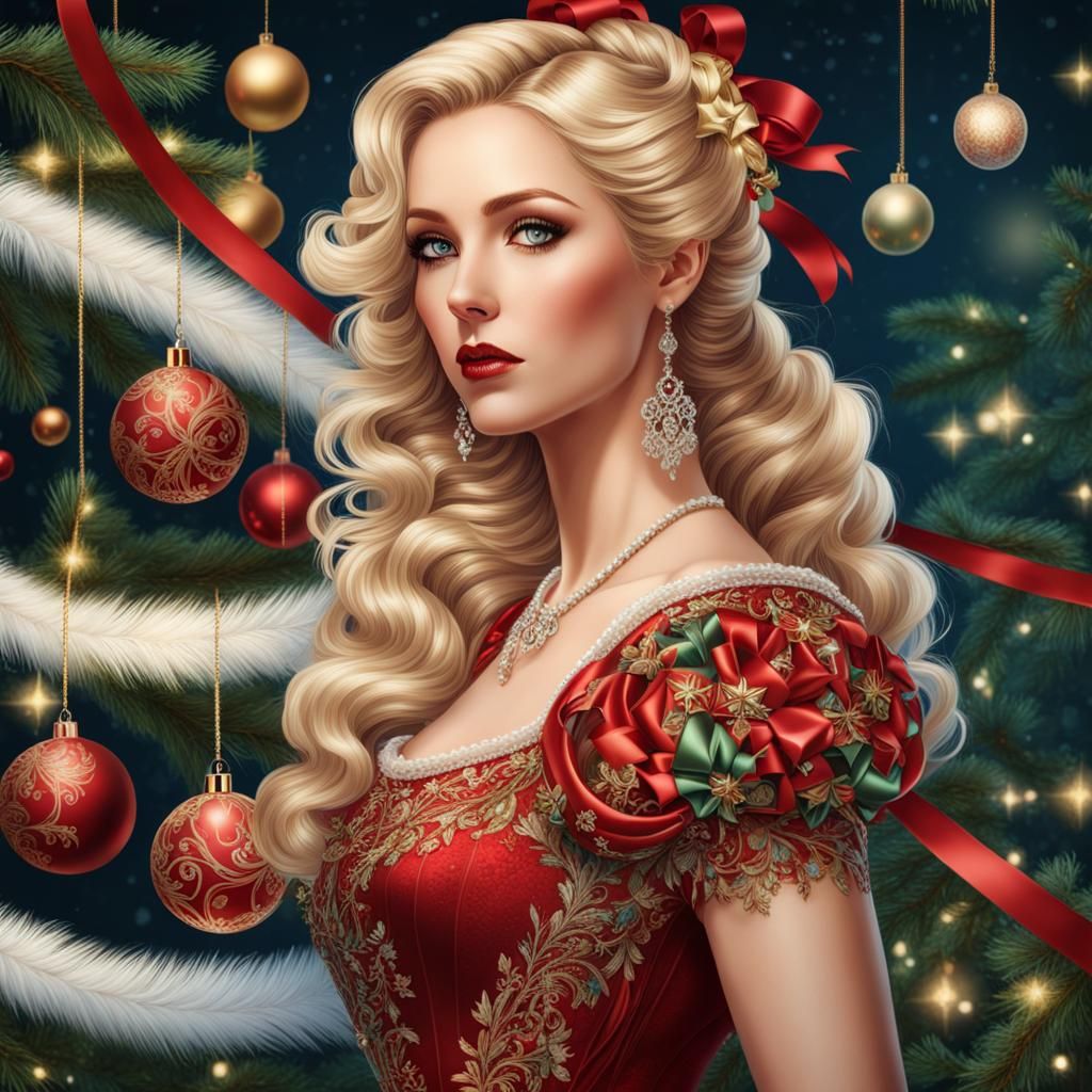 Holographic Woman in Victorian Christmas Gown