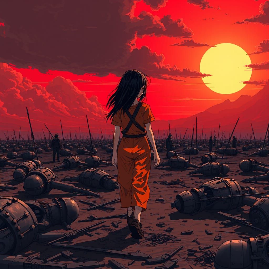Solemn Girl Walks Through Crimson Battlefield in Cel-Shaded ...
