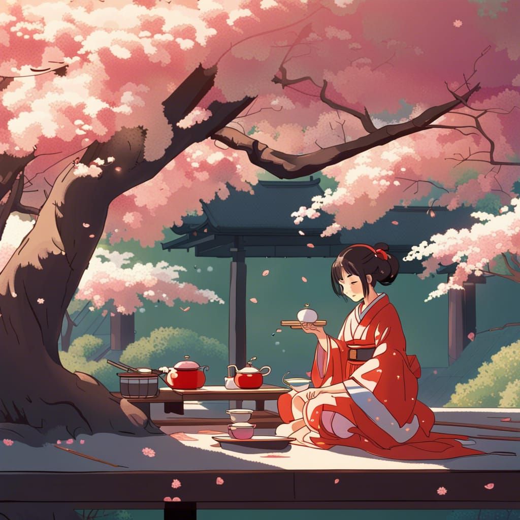 A woman performing a tea ceremony in a kimono under a cherry tree.