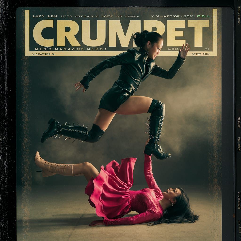 Lucy Liu Leaping on Crumpet Cover, Cinematic Still