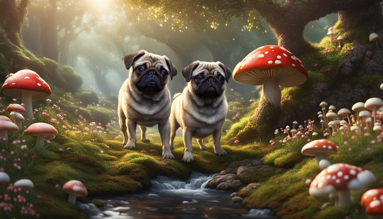 Fantastical Pugs in a Mushroom Forest