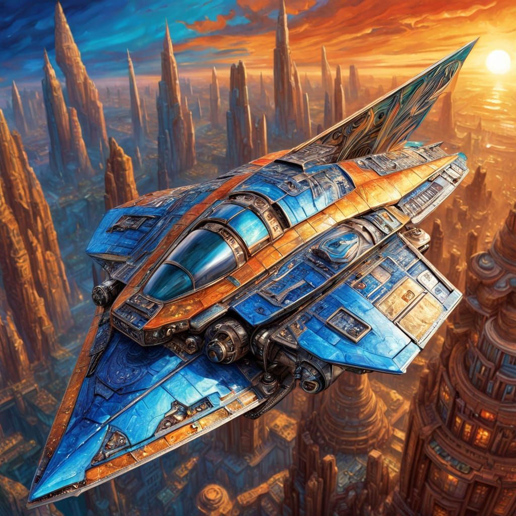 Sci-Fi Spacecraft Navigating Chrome City at Sunset