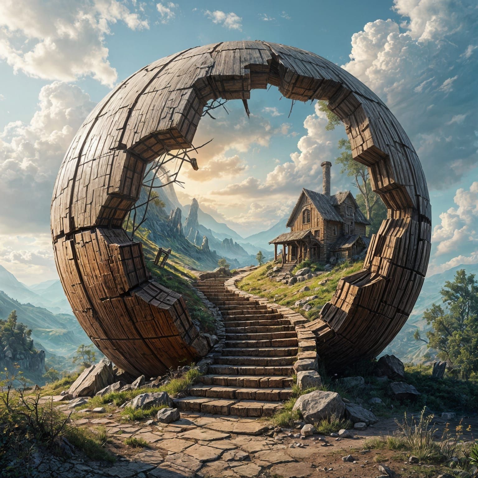 Surreal Cracked Wood World with Fantasy Landscape