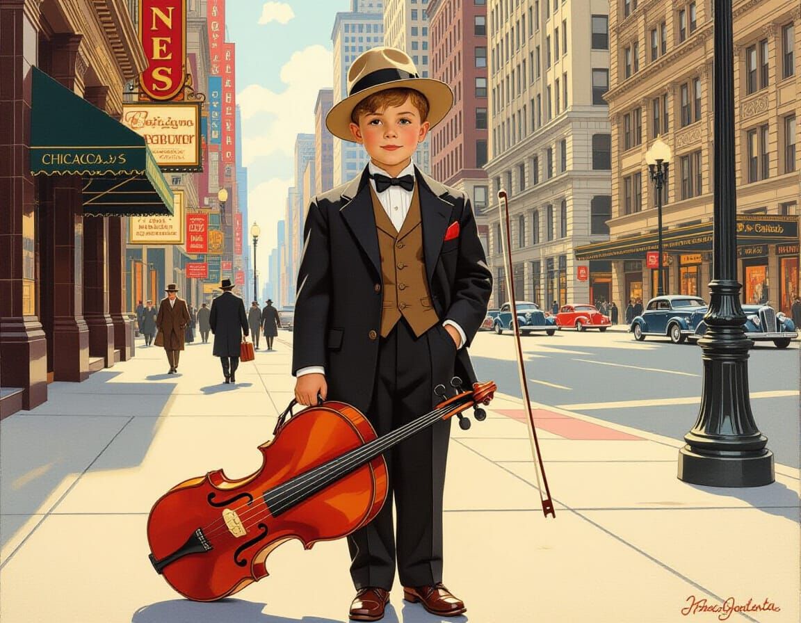 Boy with Violin Case in Chicago, Americana Illustration