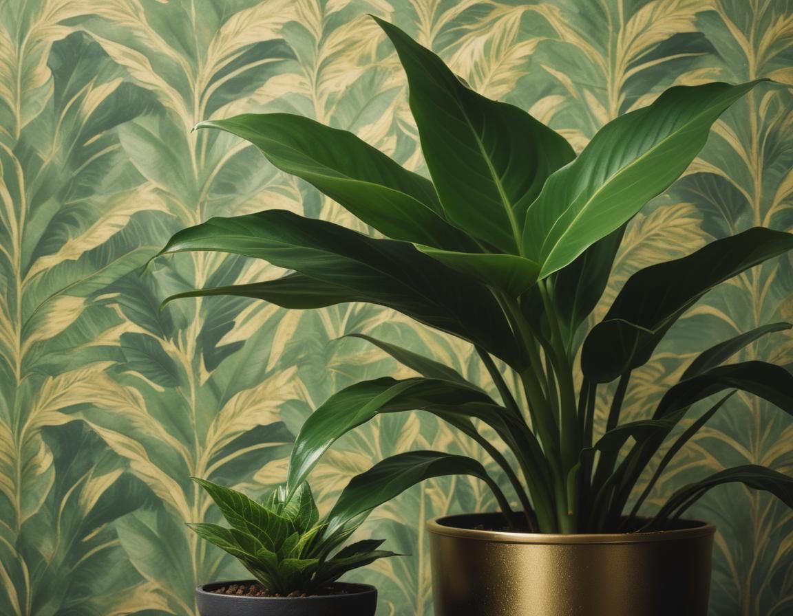 Potted plant in front of plant-patterned wallpaper