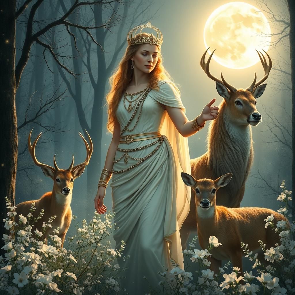 Diana, Roman Goddess of the Hunt, in Moonlit Forest