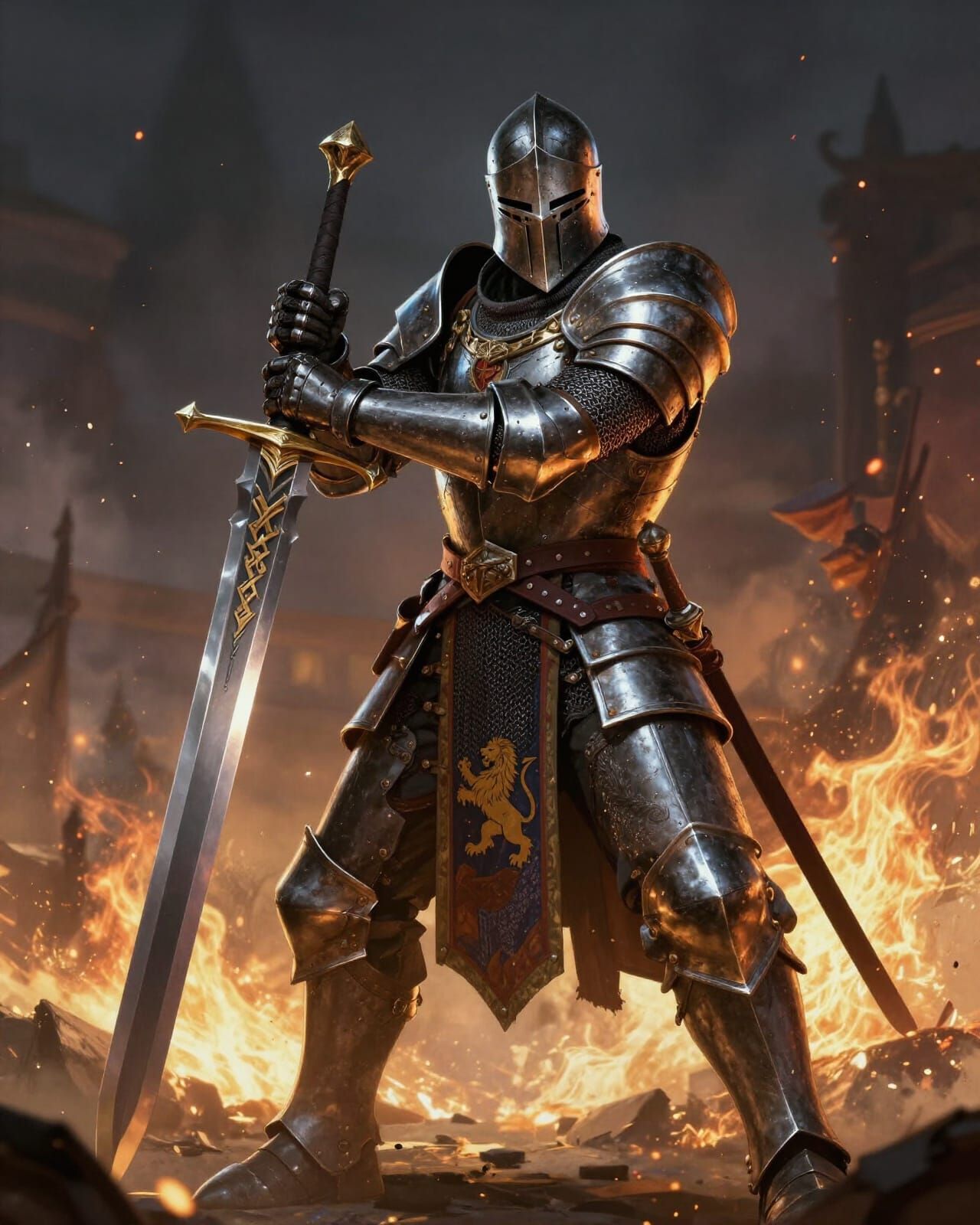 Knight in Great Helm on Burning Battlefield