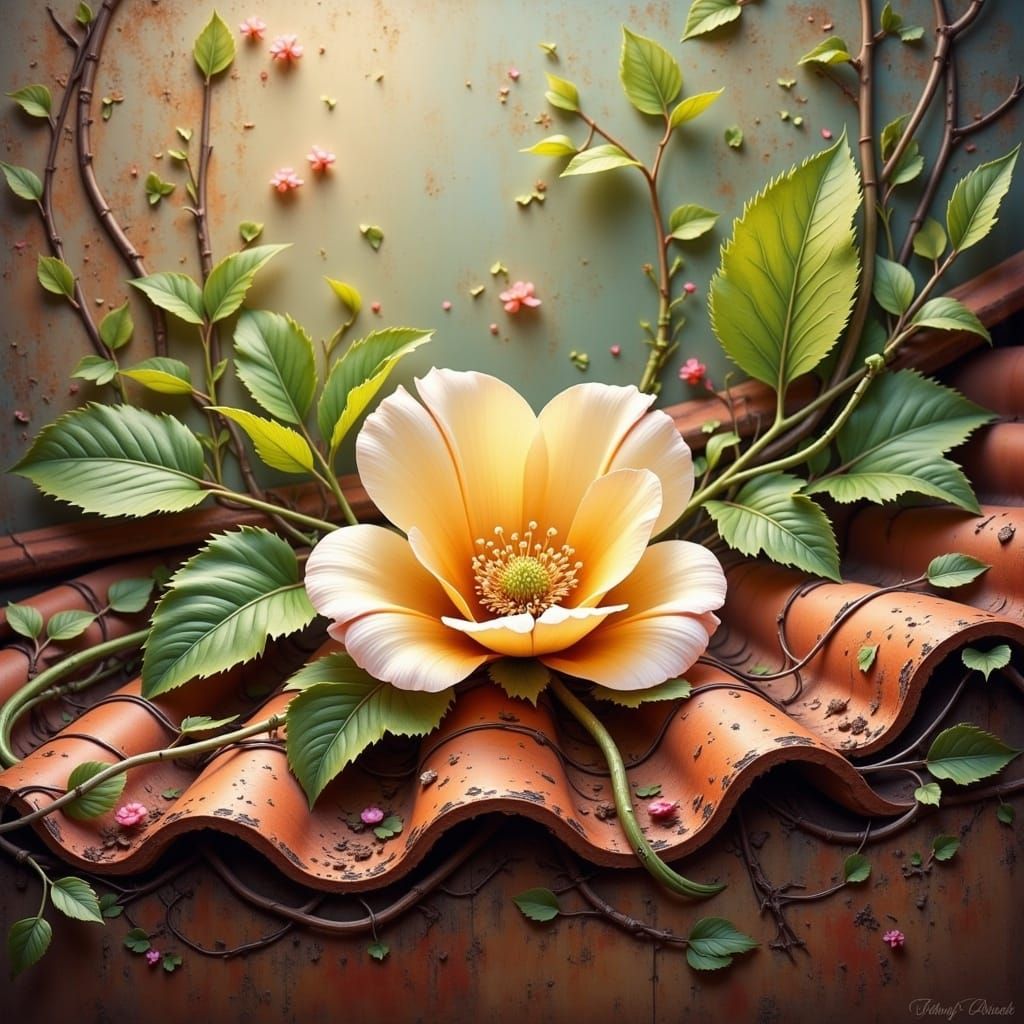 Whimsical Flower Blooms on Rustic Roof in Impressionist Styl...