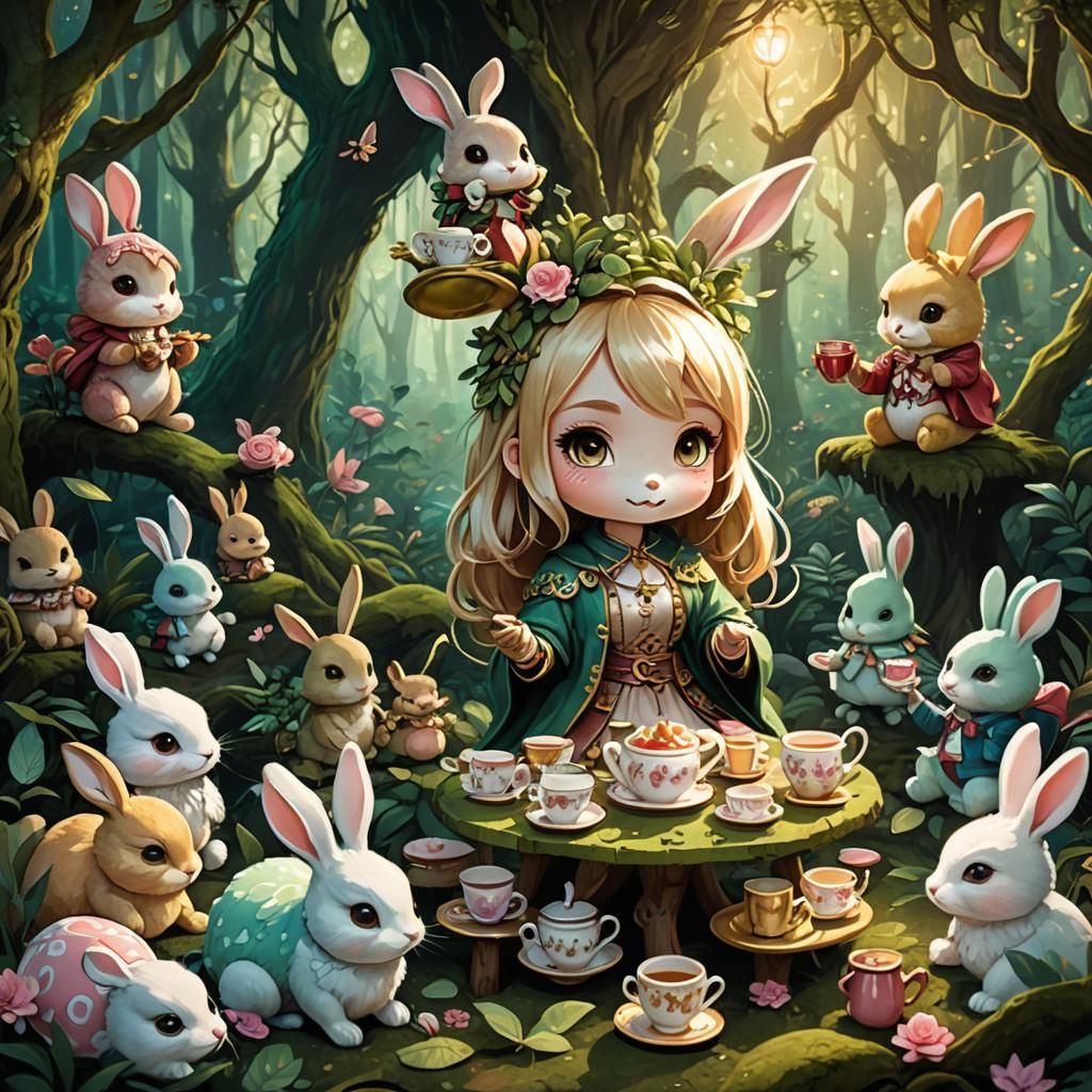 Chibi Rabbit Girl's Tea Party: Acrylic Painting