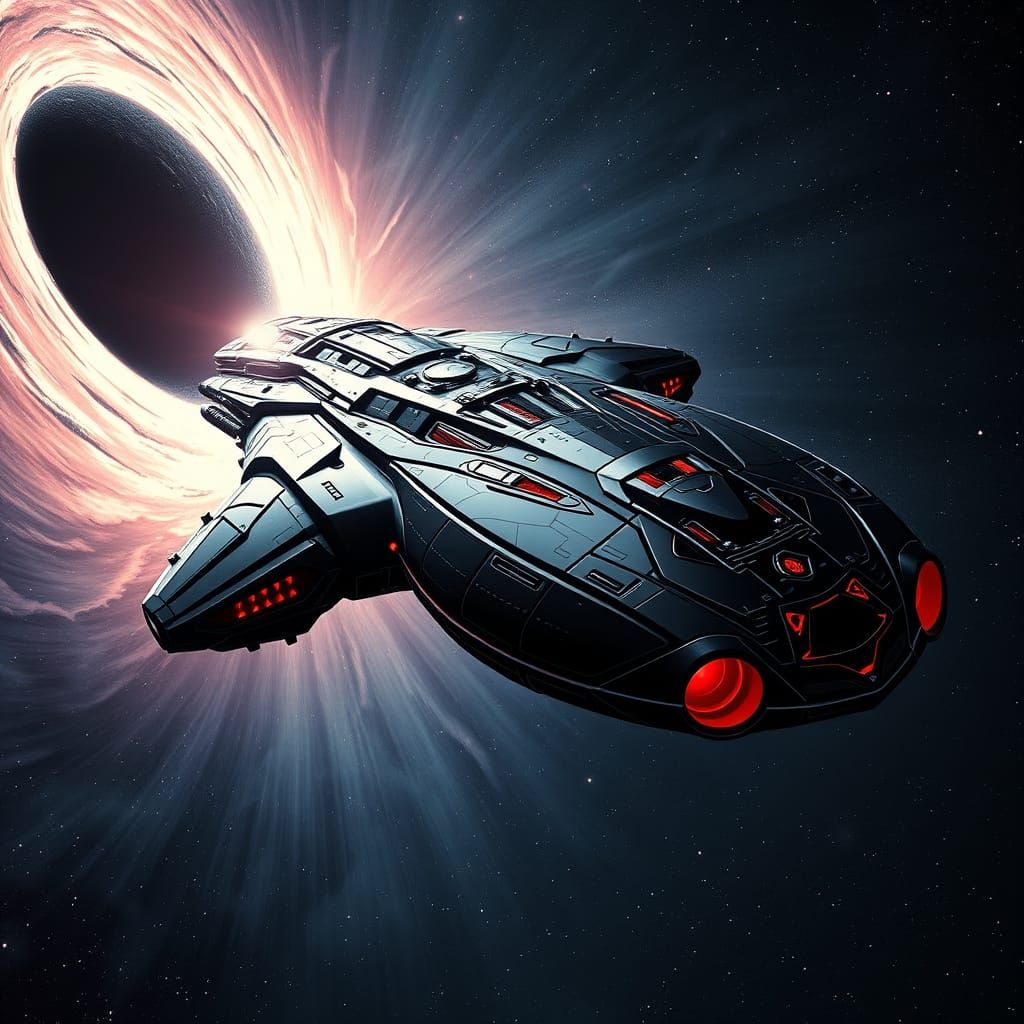 Sleek Alien Colony Ship soars toward Black Hole in Cyberpunk...