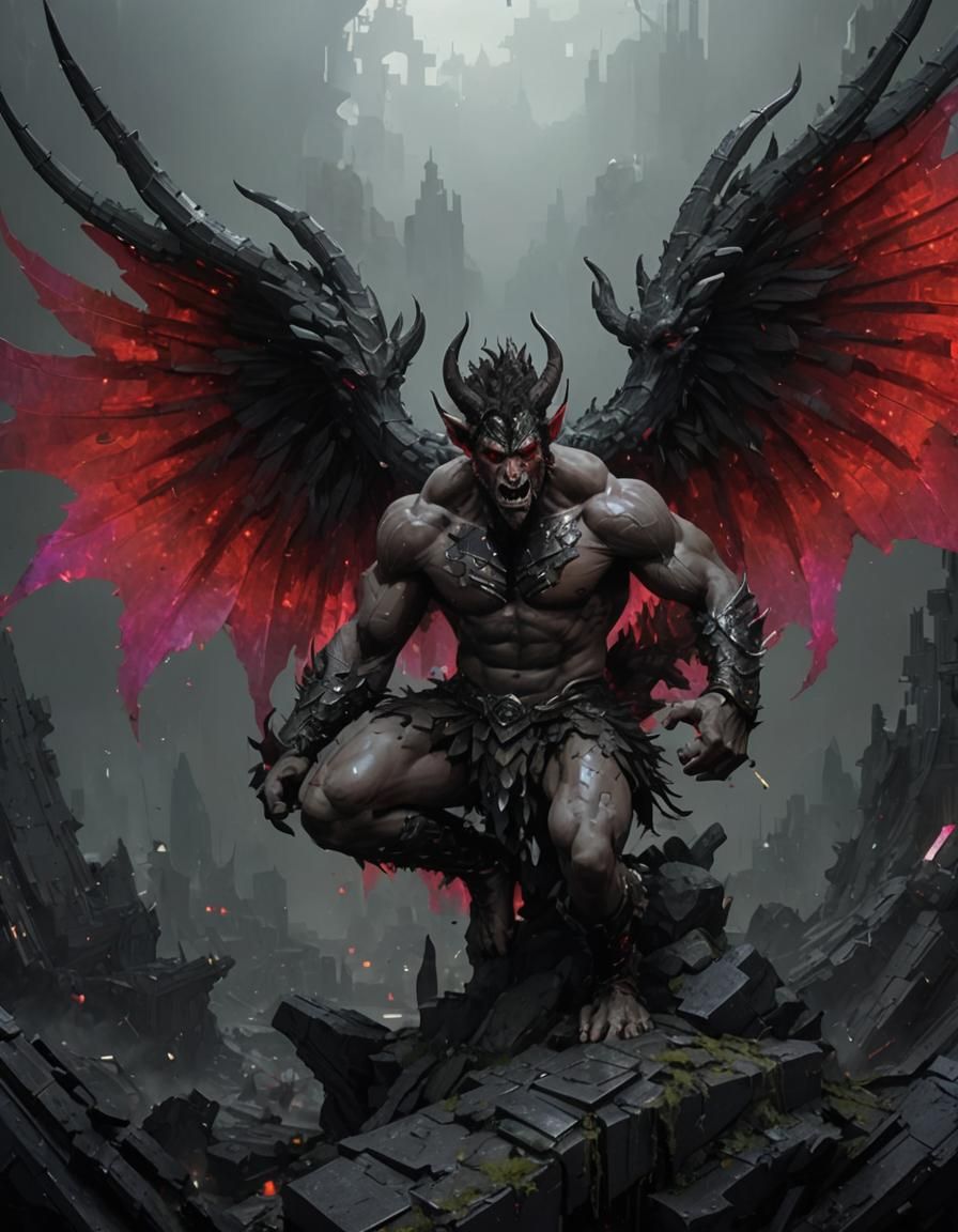 Satyr in Pixelated Armor with Surreal Landscape