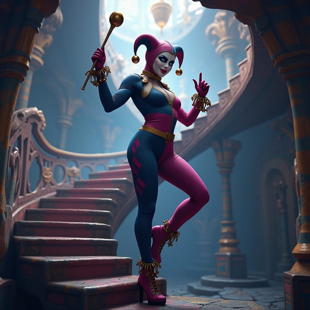 Harley Quinn Dances on an Eternal Staircase in Photorealisti...