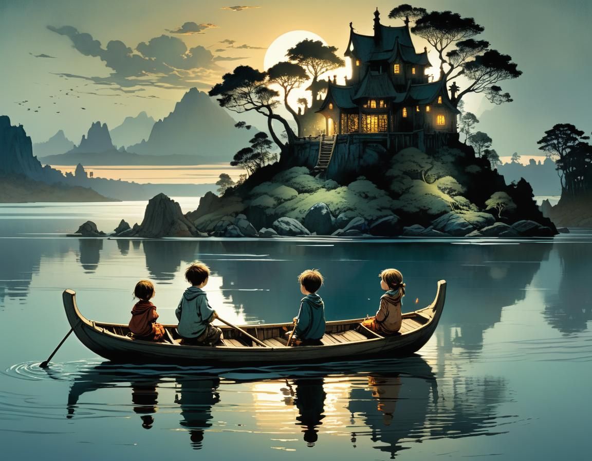 Children's Voyage to Mysterious Island at Dusk