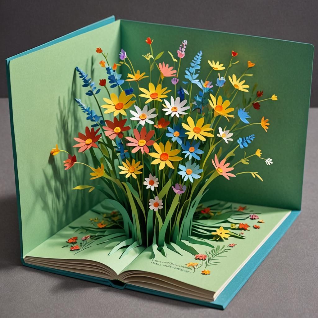 Vase of Wildflowers in Pop-Up Book Illustration