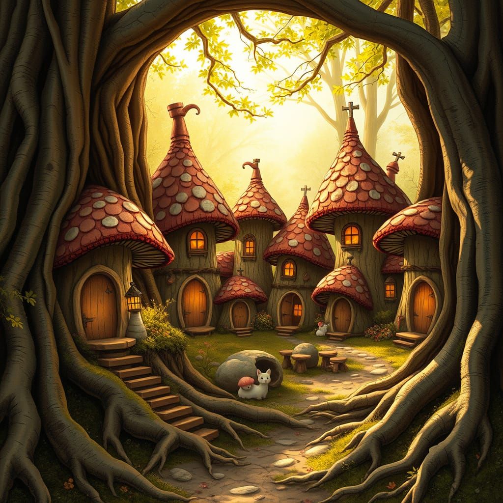 Whimsical Mushroom Village in Fairytale Style