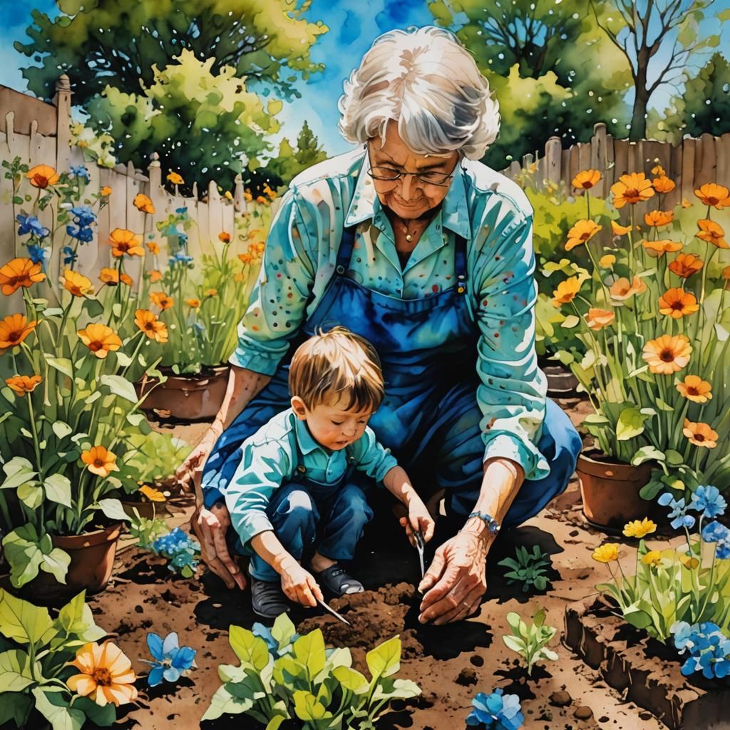 Alcohol Ink Garden Scene with Grandmother and Child