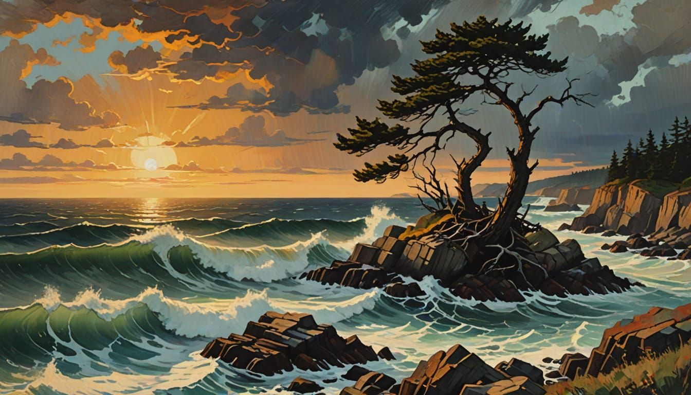 Stormy Seascape: Twisted Pine in Impressionist Style