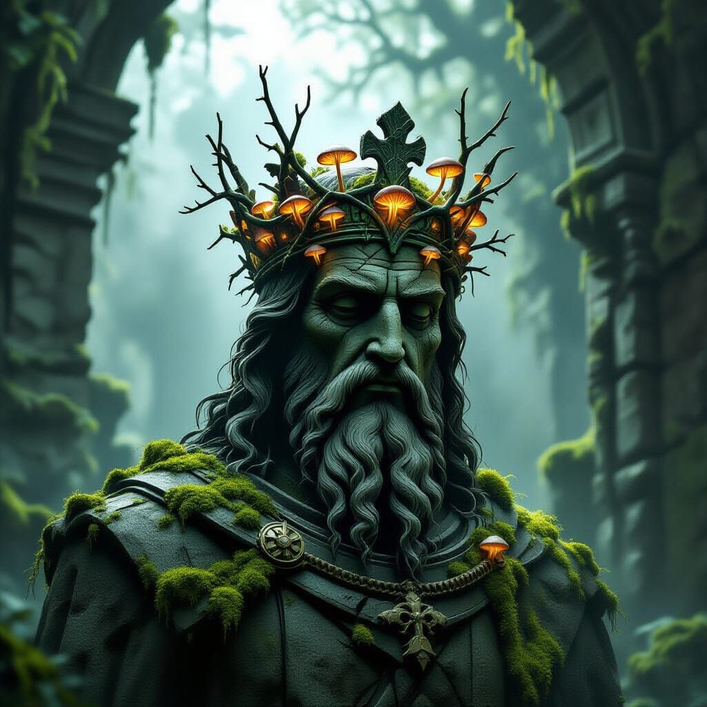 Ancient King Statue Overgrown with Thorny Vines and Glowing ...