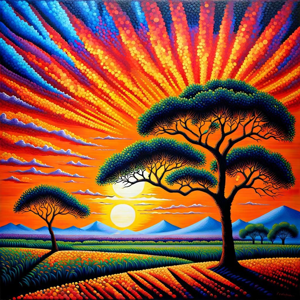 African Sunrise in Pointillist Neo-Impressionist Style