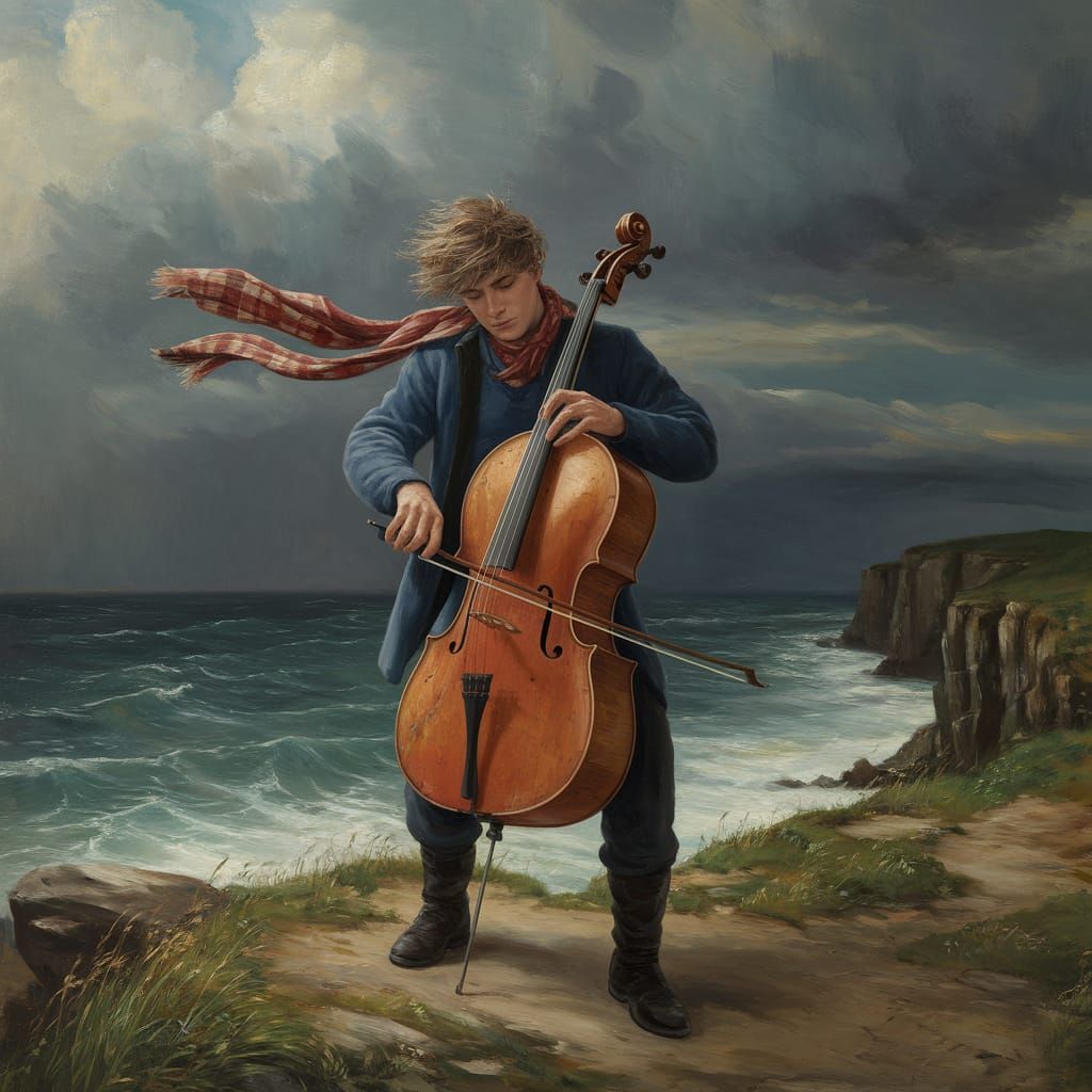 Musician's Cello on Windswept Cliff in Romantic Style