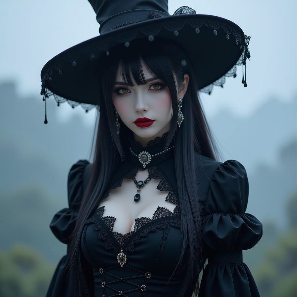 Gothic Japanese Woman Portrait in Stormy Underworld