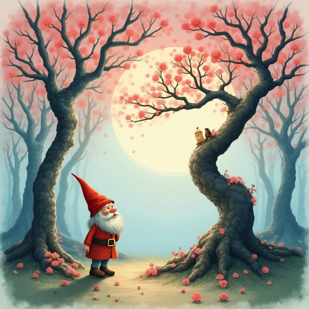 Gnome's Bonsai Grove: Watercolor Art with Glowing Blossoms