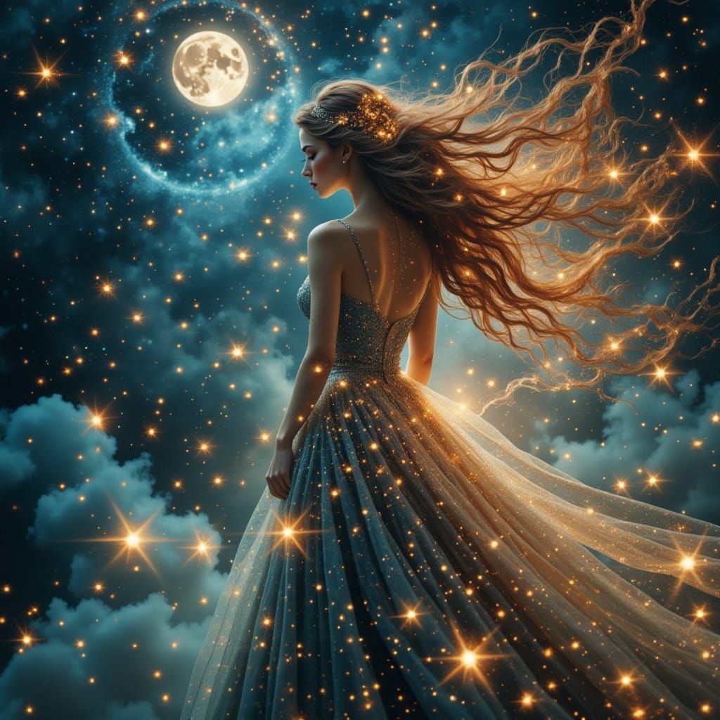 Ethereal Woman in Cosmic Gown