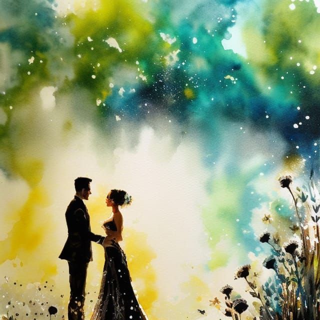 Silhouetted Couple in Glittering Floral Field