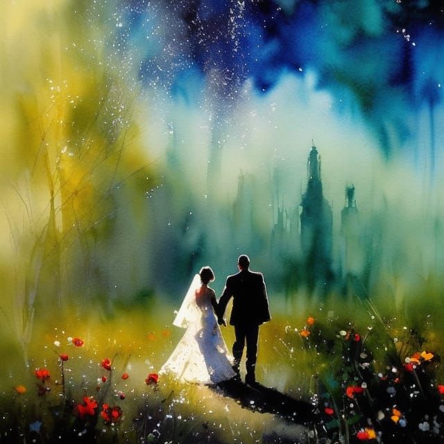 Happy Couple Silhouette with Watercolor Flowers