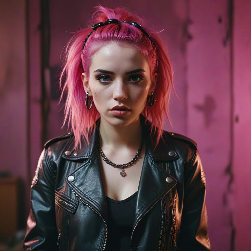 90s Punk Girl in Ripped Fishnets and Leather Jacket