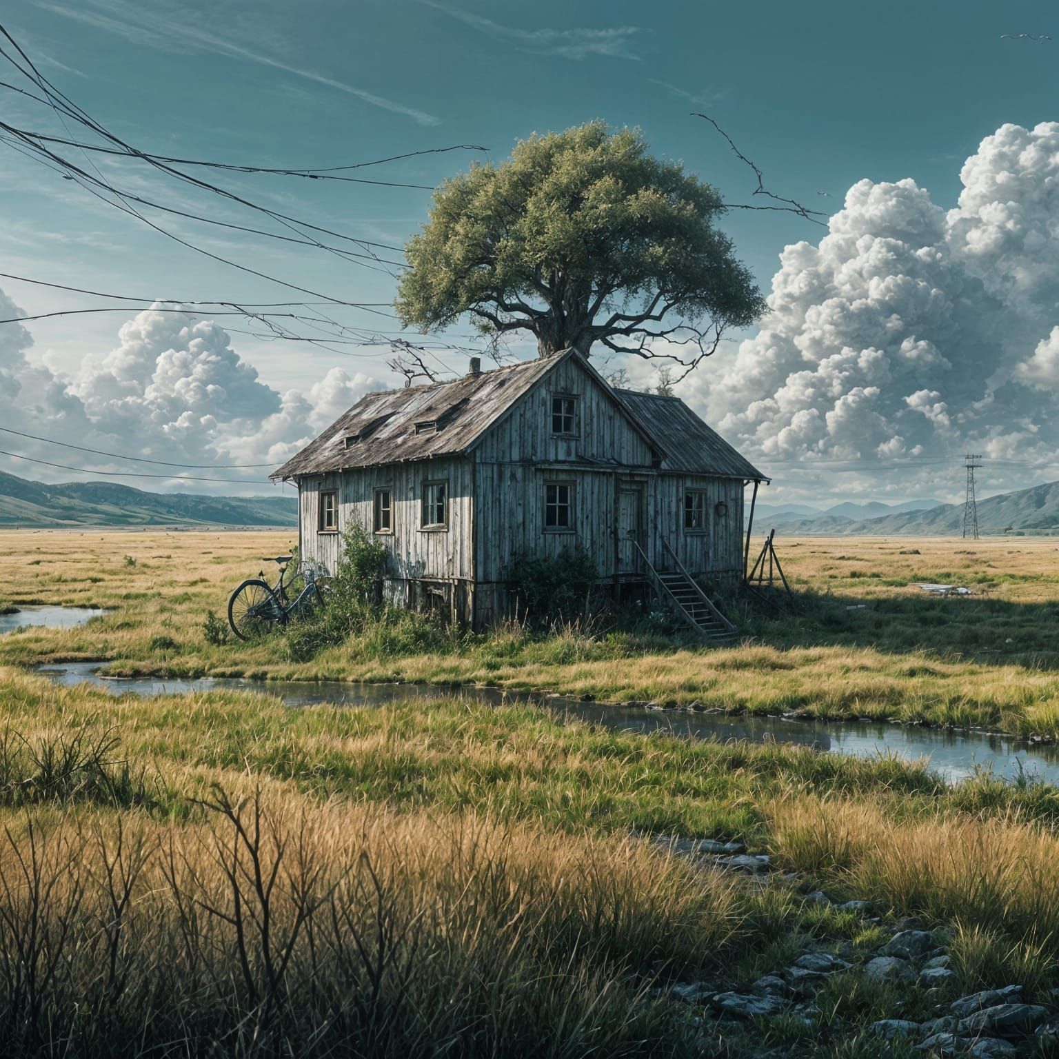 Gnarled Tree Watches Over Abandoned Garage Amidst Rolling Hi...