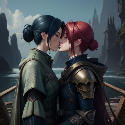 Anime Lesbian Kiss: Detailed Matte Painting