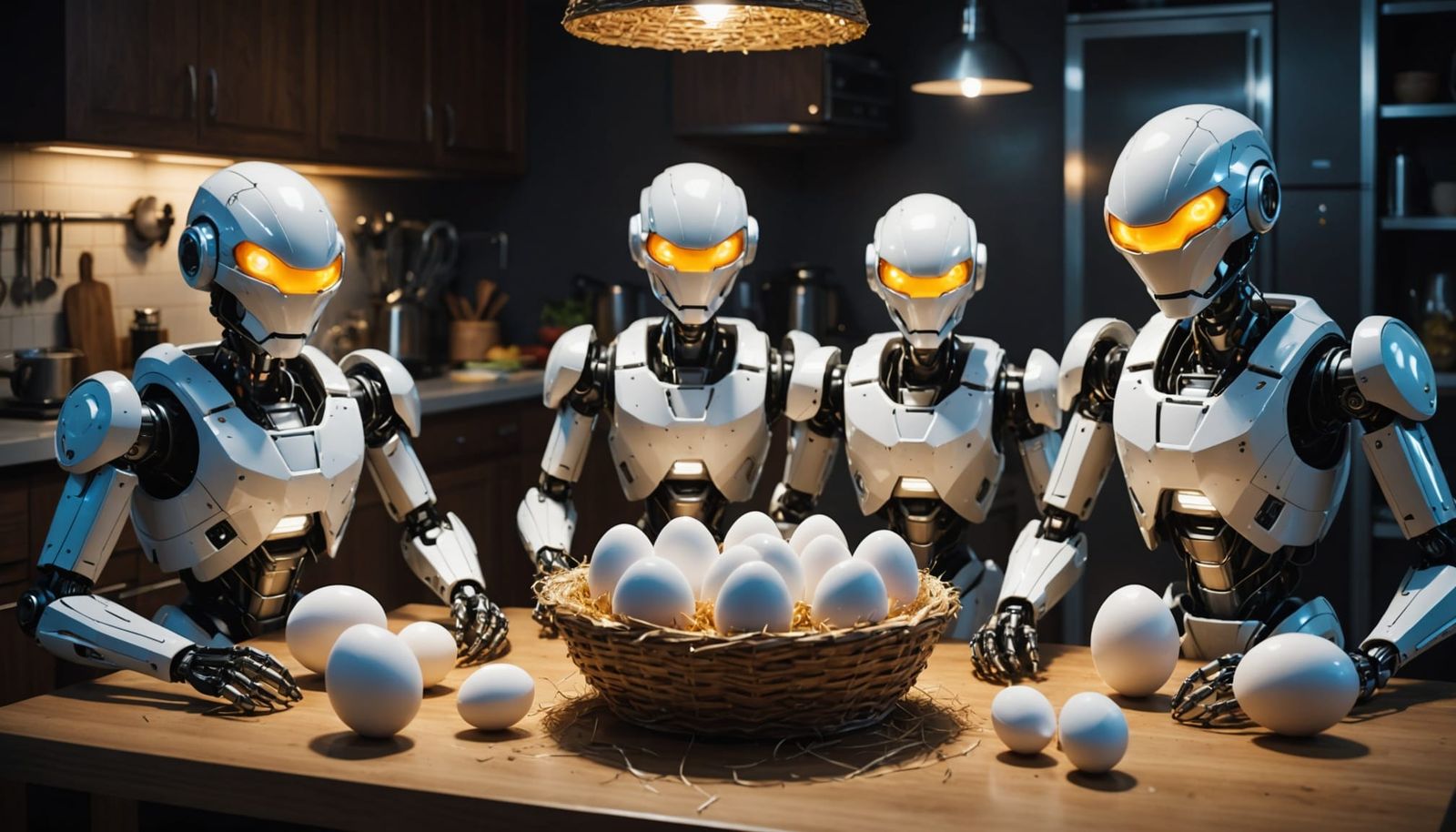 Robotic Creatures Hatching in Futuristic Kitchen