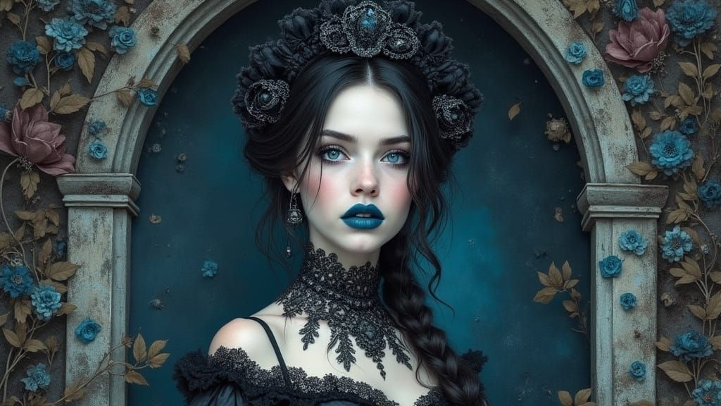 Victorian Woman with Grey Eyes in Mystical Setting