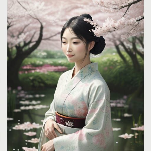 Impressionist Goddess Amidst Cherry Blossoms in Soft Light