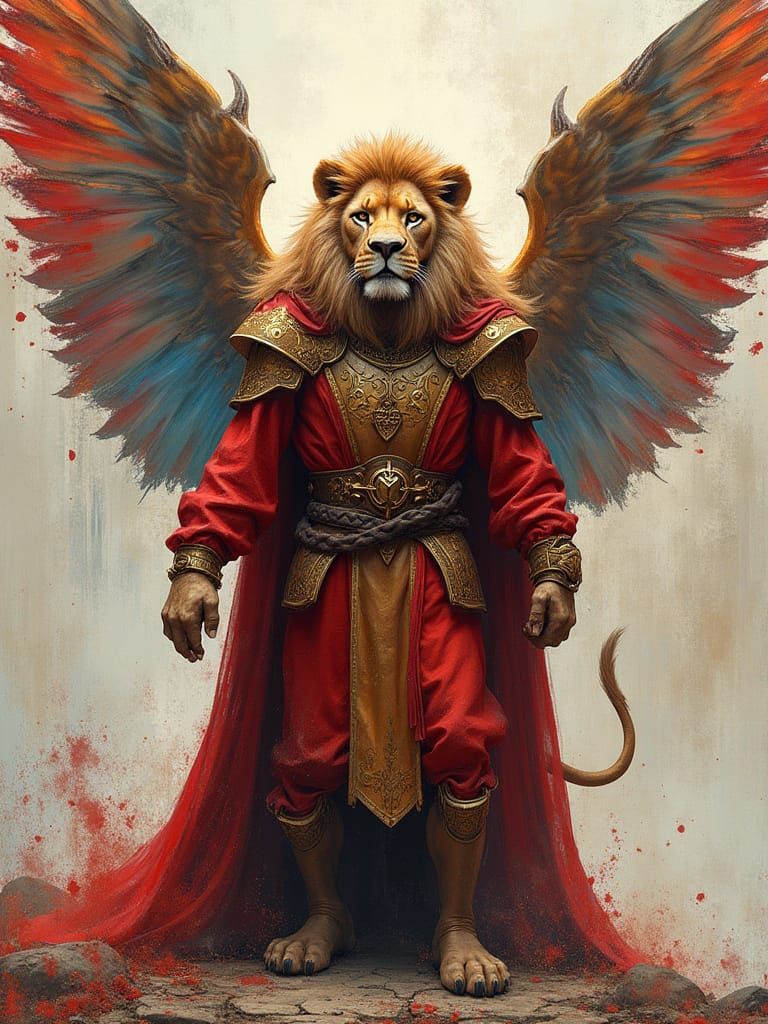 Bipedal Lion Knight in Scarlet and Gold Robes with Fairy Win...